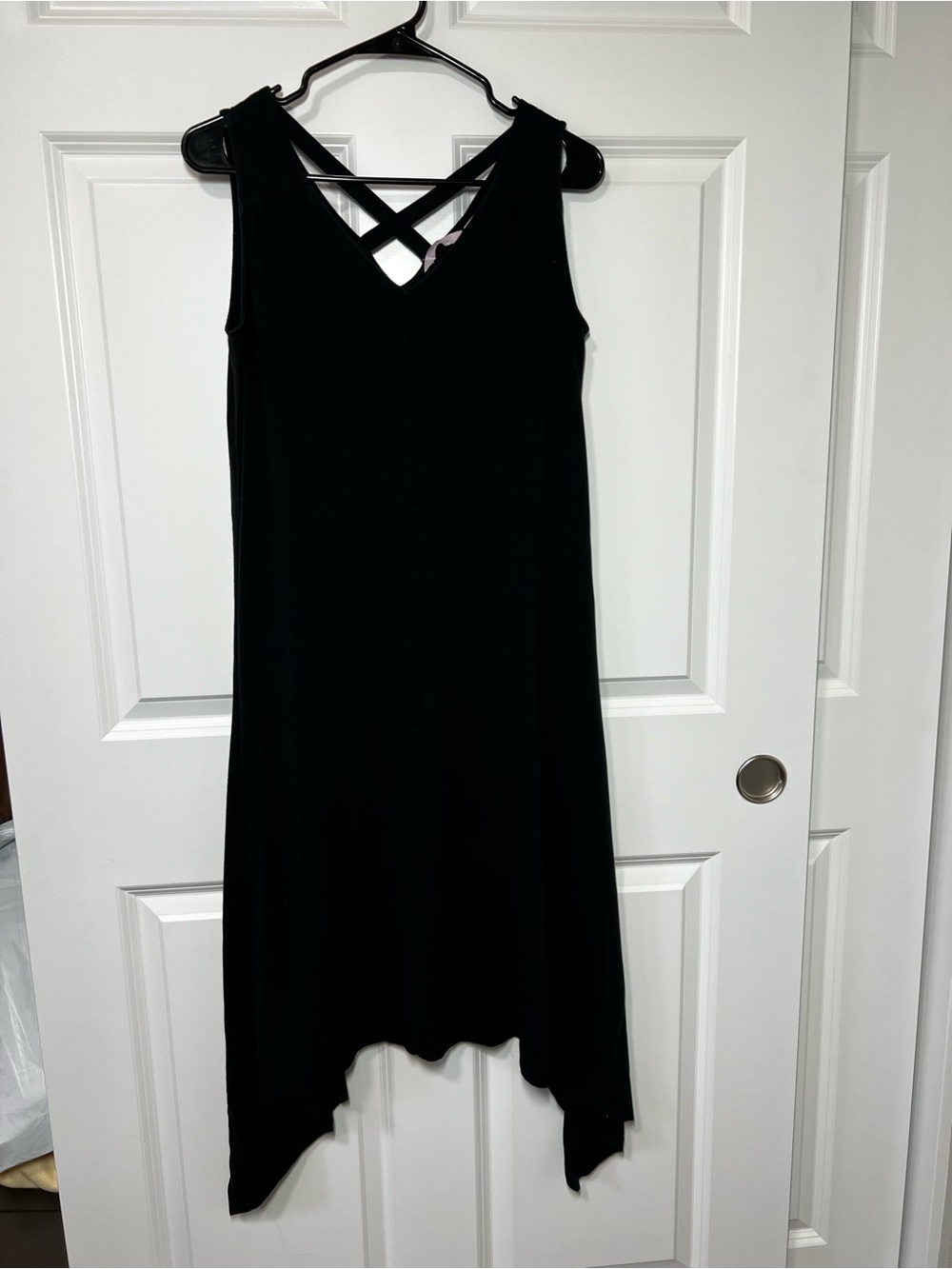 Any Body Cotton Model Sleeveless Crisscross Back V-Neck Asymmetrical Black Dress